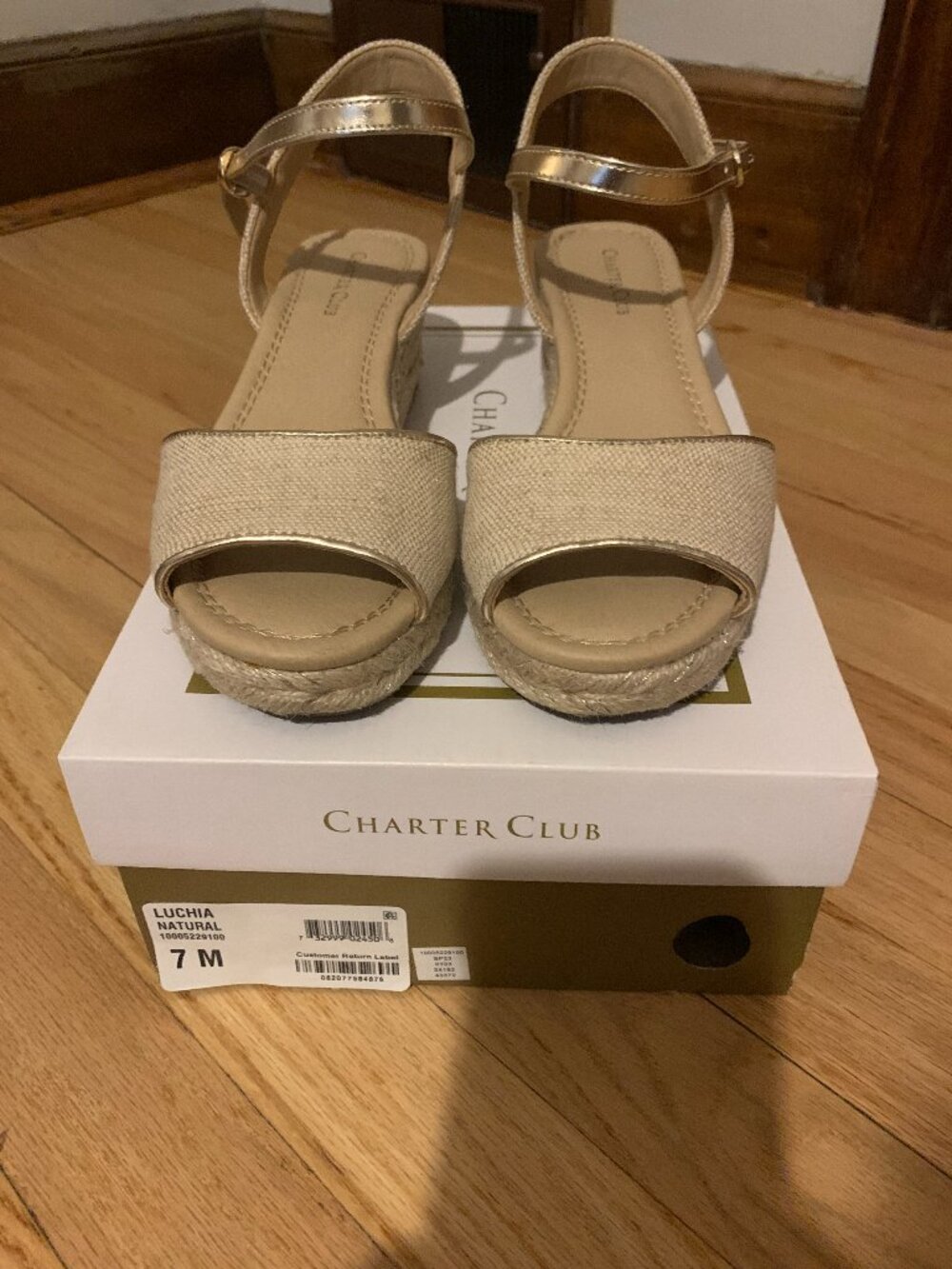 Charter Club Luchia Natural Raffia wedge sandals, size 7